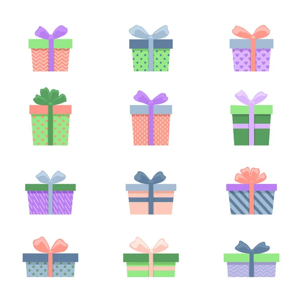 一套有彩带的彩色礼品盒 手工绘制的涂鸦集合被隔离在白色上 祝你生日快乐 圣诞佳节佳肴 — 图库矢量图片