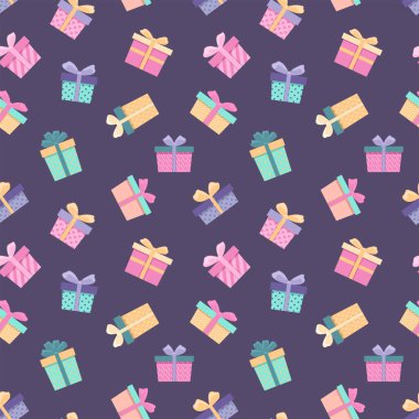 Seamless pattern of colored gift boxes with ribbon. Hand drawn doodle on purple. Beautiful festive packaging for Birthday, Christmas.