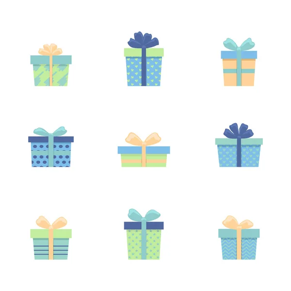 Set von farbigen Geschenkboxen mit Schleife. Handgezeichnete Doodle Collection isoliert auf weiß. Schöne Festverpackung zum Geburtstag, Weihnachten. — Stockvektor