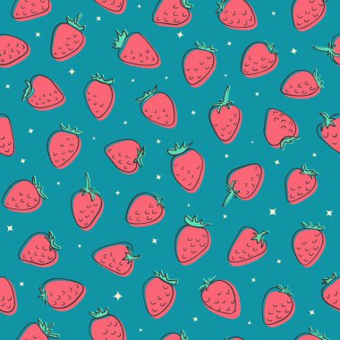 Elle çizilmiş yaratıcı çilekli, kusursuz vektör deseni. Mavi arka planda siyah çizgili pembe çilekler.