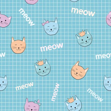 Kusursuz bir desen. Çocuk çizgi film karakterleri. Aksesuarları olan sevimli kediler: bir taç içinde, fiyonklu. Çocuk kumaşları, tekstil ve tişörtler için..