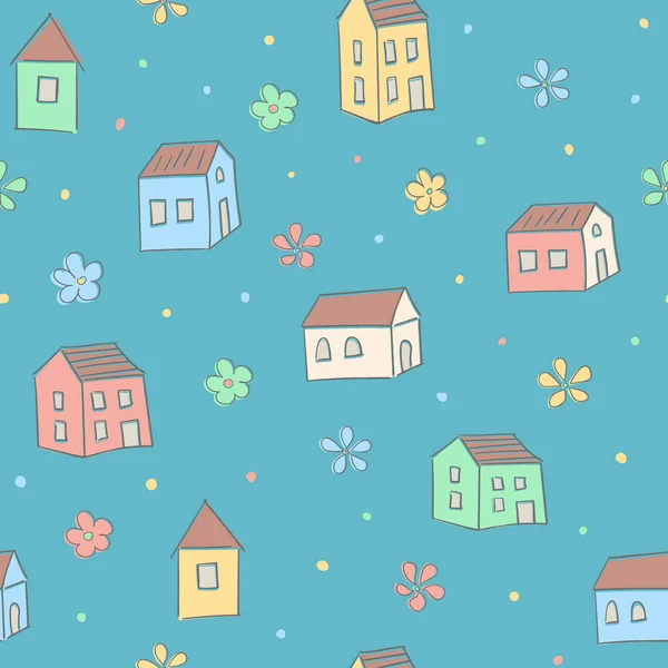House seamless pattern. Childrens cartoon background. Cute bright colored print. Pastel palette. For children's fabrics, textiles, T-shirts.