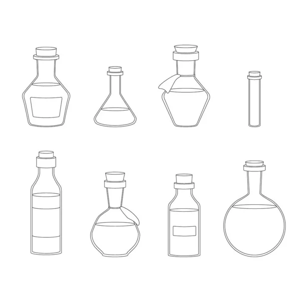 Vectorcontourset van kolven van verschillende vormen. Schepen voor vloeistoffen. Lijn Halloween of medicijnelementen — Stockvector