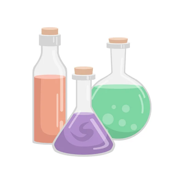 Conjunto vetorial de frascos de várias formas. Recipientes para líquidos. Halloween colorido ou elementos de medicina — Vetor de Stock