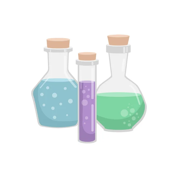 Conjunto vectorial de frascos de varias formas. Buques para líquidos. Halloween coloreado o elementos medicinales — Vector de stock