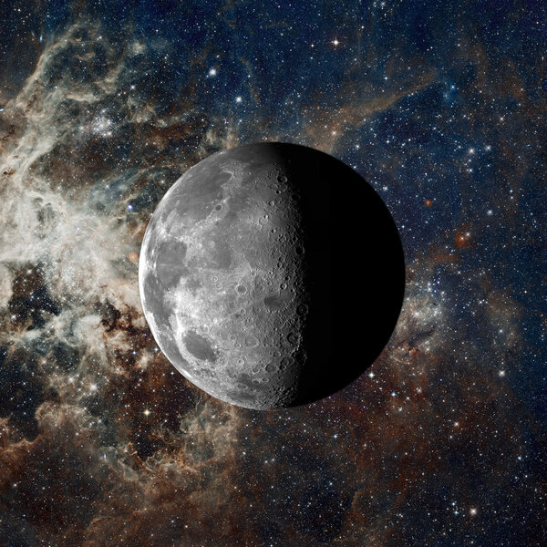 Moon on nebula background. Solar system planet.