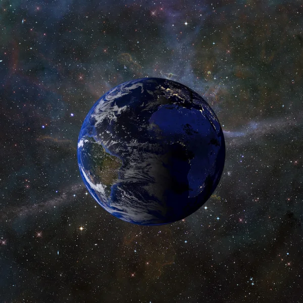 Sistema solare pianeta Terra su sfondo nebuloso rendering 3d . — Foto Stock