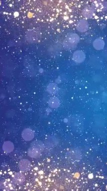 4k dikey altın parıldayan sihirli peri parçacıkları ve mavi eğimli arka planda bokeh ışığı