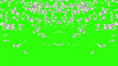 Yeşil ekrana dolar düşüşünün animasyonu. Nakit para yağmuru