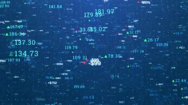 Borsa endeksleri 3 boyutlu uzayda dalgalanan rakamları gösteriyor. Finans ticareti soyut geçmişi. Borsa ve fiyat değişikliklerinin 4k animasyonu