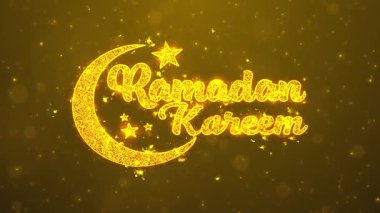 Hilal Ay Ramazan Kareem tebrik kartı, Arap için soyut arkaplanda yüzen altın parçacıklar, dünyanın her yerinde Asyalı Müslümanlar festivali kutlaması