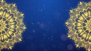 Mandala çiçeği İslami arkaplan animasyonu Ramazan bayramı ve Müslümanlar festivali kutlaması için, açılış için harika, sinematik yüzen altın bokeh ışık parçacıkları