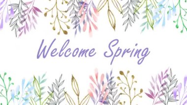 Beyaz arkaplan, bahar sezonu videosu sallanan yapraklar üzerindeki bahar metin animasyonuna hoşgeldiniz