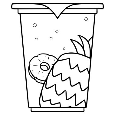 Mühürlü kupa ananas suyu. Resimli el çizimi taslak vektör.