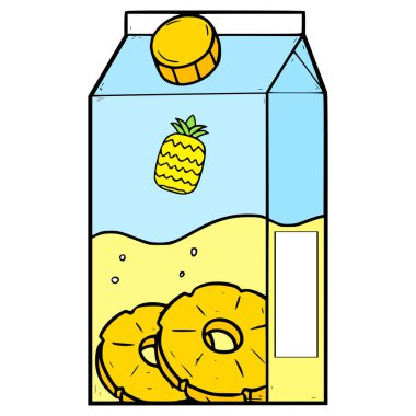 Ananas suyu kutusu resimli el çizimi izole edilmiş vektörü içmeye hazır.