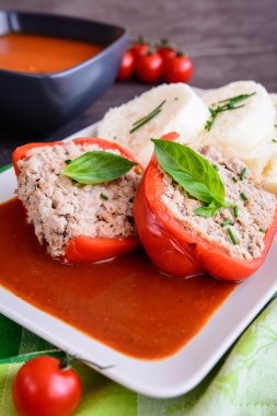 Pirinç, kıyma ve sebze domates soslu biber dolması