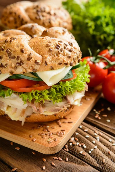 Fischburger mit Makrelenfleisch, Käse und frischem Gemüse — Stockfoto