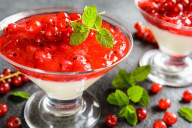 Tatlı panna cotta ile kırmızı kuş üzümü