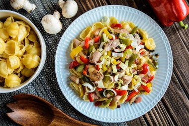 Tavuk eti, domuz eti ve sebze ile makarna salatası