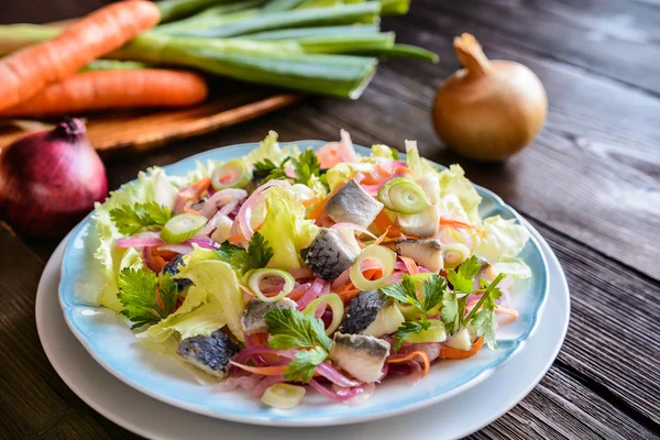 Vissalade met sla, ui en peterselie — Stockfoto