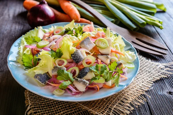 Salată de pește cu salată verde, ceapă și pătrunjel — Fotografie, imagine de stoc