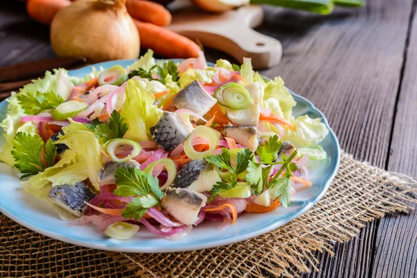 Salată de pește cu salată verde, ceapă și pătrunjel — Fotografie, imagine de stoc