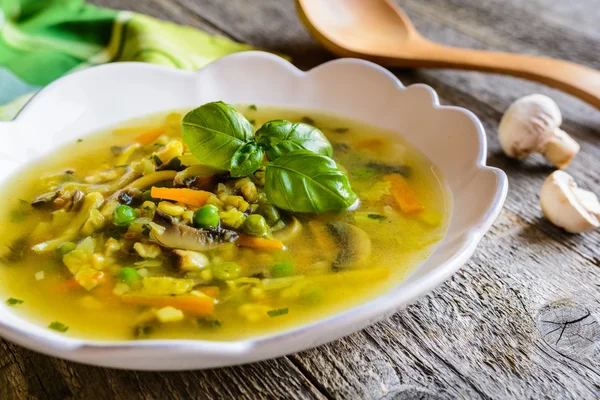 Pilzsuppe mit Karotten, Erbsen, Grünkohl, Petersilie, Sellerie und Zwiebeln — Stockfoto