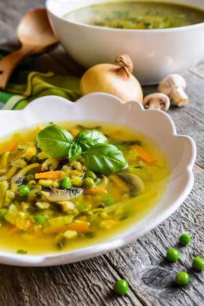 Sopa de champiñones con zanahoria, guisante, col rizada, perejil, apio y cebolla — Foto de Stock