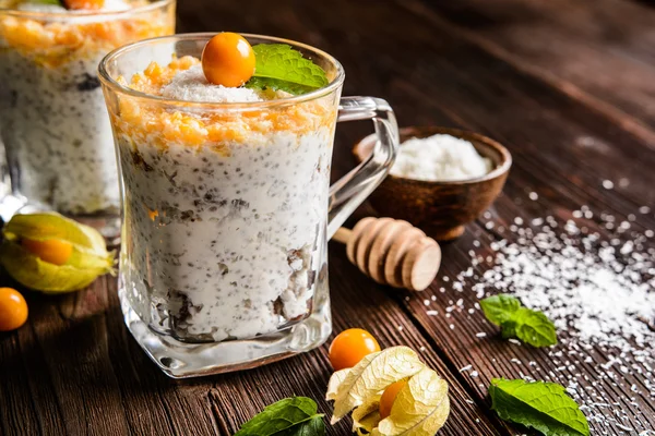 Yogurt with chia, coconut, honey and physalis puree — Stock Photo, Image