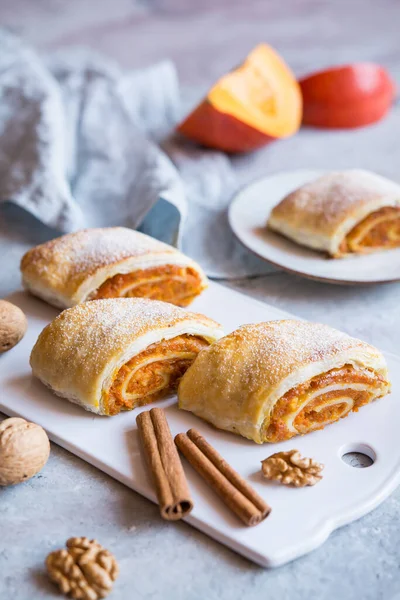 Sweet pumpkin strudel with walnut and cinnamon