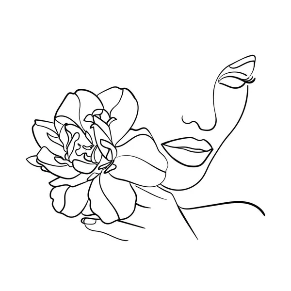 Retrato Rosto Com Flor Simples Ilustração Vetorial Minimalista Mulher Bonita — Vetor de Stock