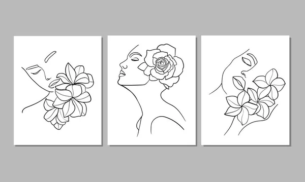 Ensemble Trois Portraits Visage Avec Fleur Illustration Vectorielle Simple Minimaliste — Image vectorielle