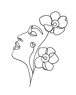 Çiçek çizgileri olan güzel bir yüz. Soyut minimal portre sürekli çizgi. - Vektör illüstrasyonu