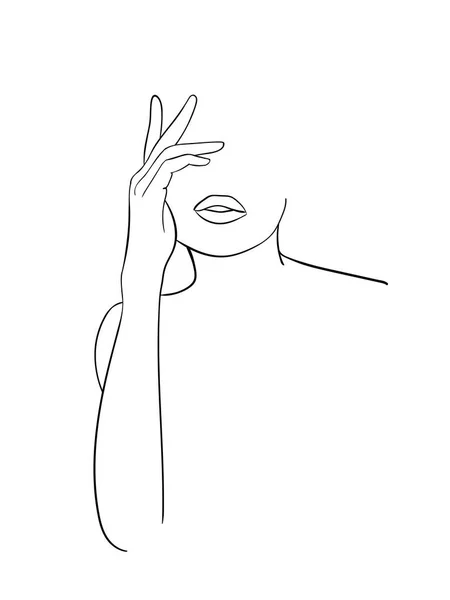 Minimal Line Art Femme Avec Main Sur Visage Dessin Lignes — Image vectorielle