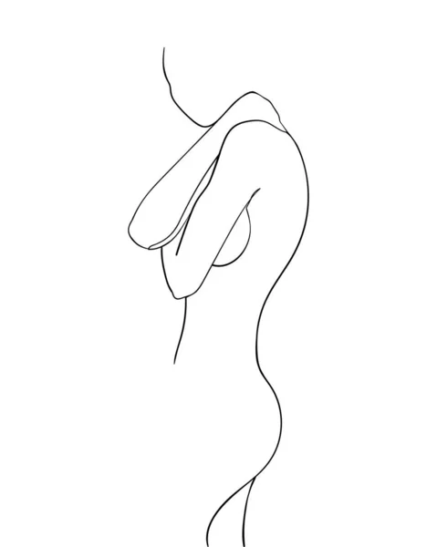 Continuous Line Drawing Beauty Woman Hugging Herself Crosed Hands Minimalism — Stock Vector