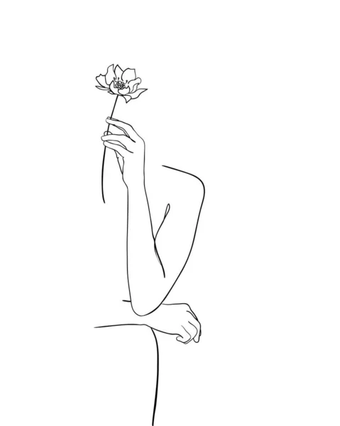 Desenho Linha Mulher Com Flor Ilustração Vetorial — Vetor de Stock