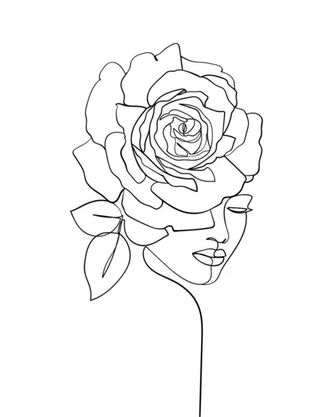 Beauty Face Flower Rose Line Drawing Art Abstract Minimal Portrait — Vetor de Stock