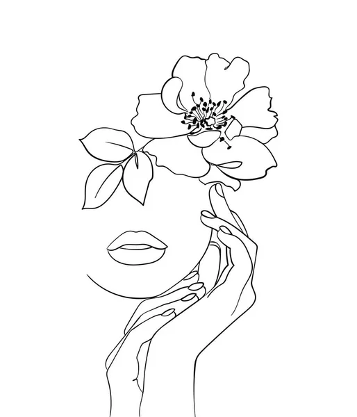 Rosto Beleza Com Flor Rosa Mosqueta Linha Desenho Arte Retrato — Vetor de Stock