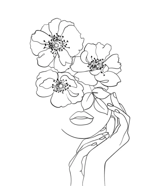 Όμορφο Πρόσωπο Λουλούδια Γραμμή Σχέδιο Τέχνης Λογότυπο Κομμωτηρίου Σύμβολο Της — Διανυσματικό Αρχείο