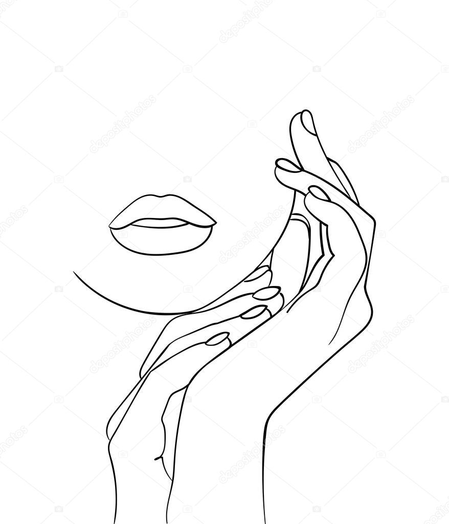 Minimal line art woman with hand on face. Black Lines Drawing. - Vector illustration
