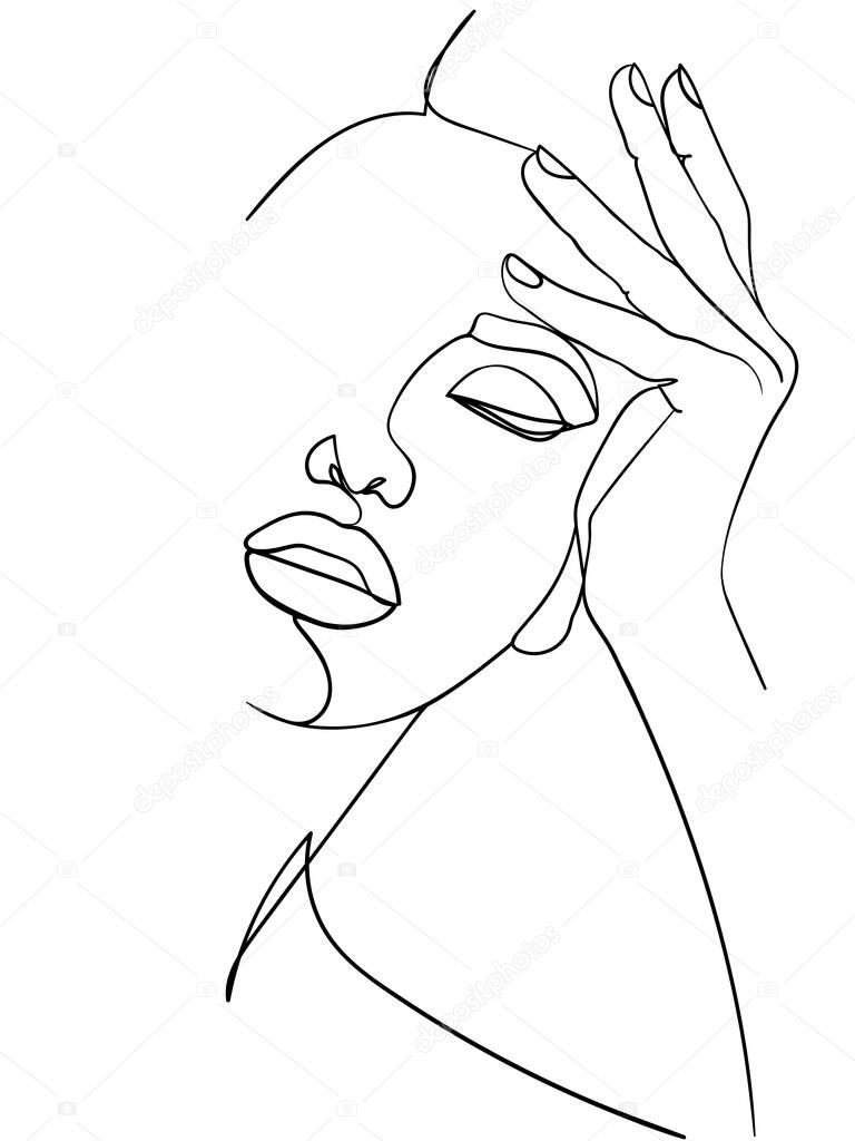 Minimal line art woman with hand on face. Black Lines Drawing. - Vector illustration