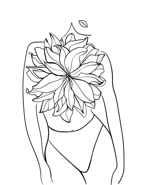 Bella Donna Con Fiore Disegno Linee Illustrazione Vettoriale — Vettoriale Stock