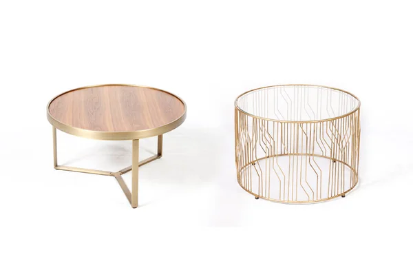 Duas mesas modernas de metal dourado café isolado no fundo branco — Fotografia de Stock