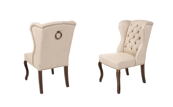 Vue arrière et avant de la chaise de salle à manger touffetée wingback classique sur fond blanc — Photo