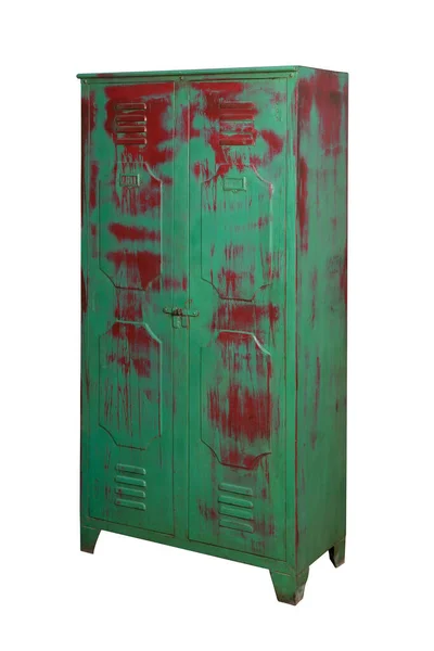 Antique grunge zielono-czerwona szafa izolowana na białym tle — Zdjęcie stockowe