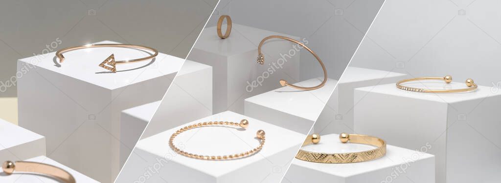 Photo collage of golden modern bracelets on white boxes