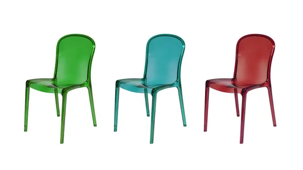 Κόκκινες Πράσινες Και Μπλε Ακρυλικές Καρέκλες Που Απομονώνονται Λευκό Φόντο — Φωτογραφία Αρχείου