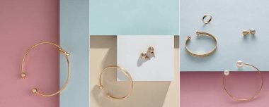 Altın mücevherlerin geometrik fotoğraf kolajı bilezikler, küpeler ve yüzükler pastel renklerde kağıtlar