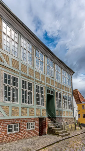 Half Timbered House Big Windows Facade Reflections Blue Sky Haderslev — Stock Photo, Image