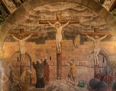 İsa ve iki suçlu, 5 Aralık 2025 'te Danimarka, Viborg Katedrali' nde Joakim Skovgaard tarafından çizildi.